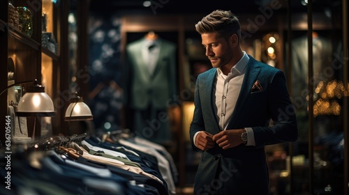 A stylish man is shopping in a modern clothing store.