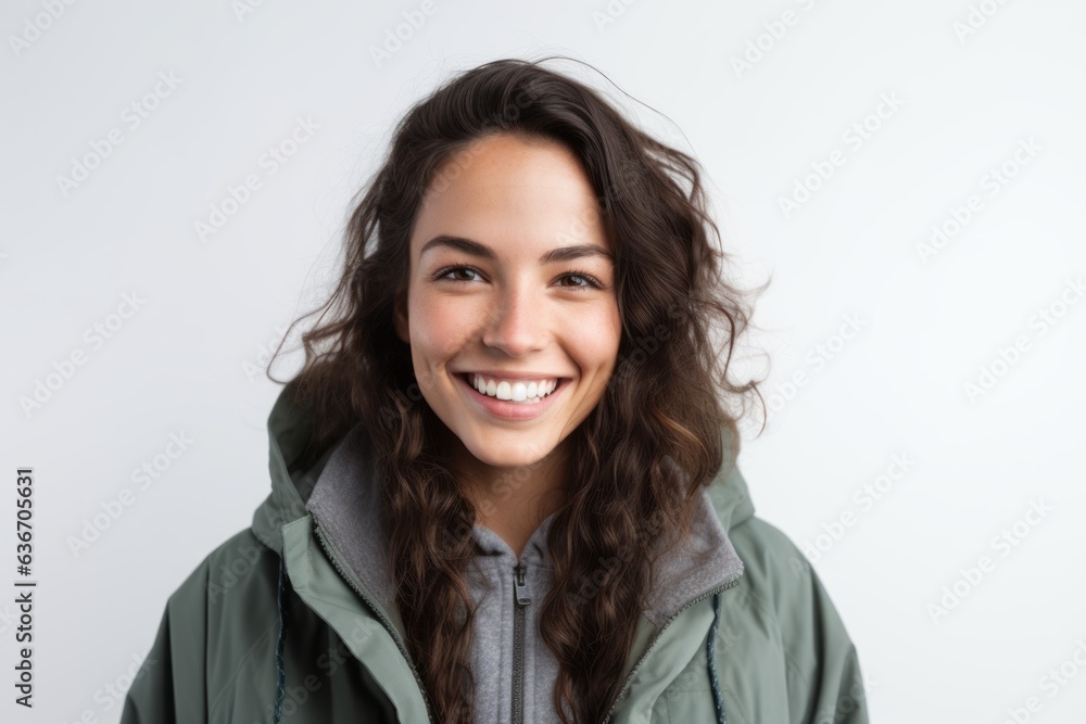 Portrait of a smiling young woman in winter jacket over white background