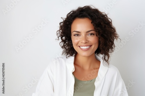 Close-up portrait of a Brazilian woman in her 30s in a white background wearing a chic cardigan