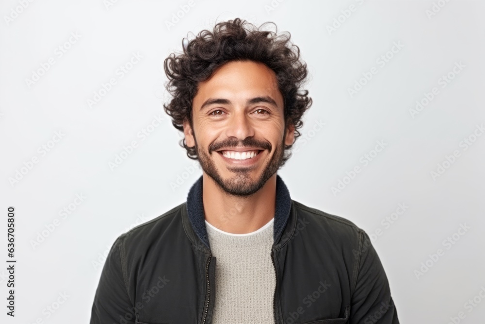 Medium shot portrait of a Brazilian man in his 30s in a white background wearing a chic cardigan Medium shot portrait of a Brazilian man in his 30s in a white background wearing a chic cardigan