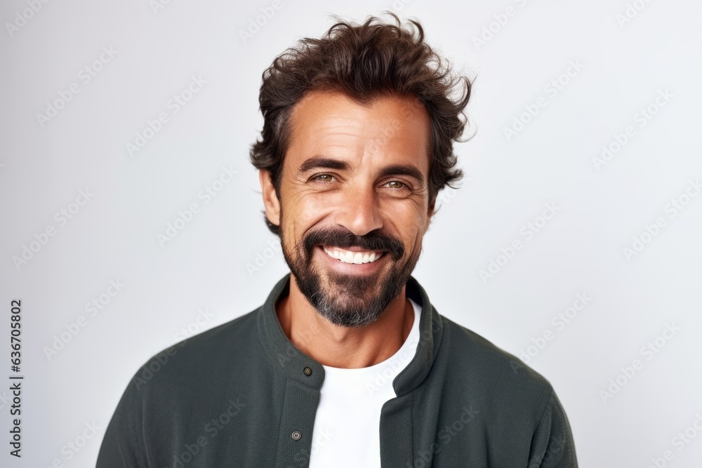 Medium shot portrait of a Brazilian man in his 30s in a white background wearing a chic cardigan Medium shot portrait of a Brazilian man in his 30s in a white background wearing a chic cardigan