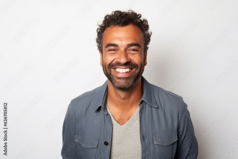 Medium shot portrait of a Brazilian man in his 30s in a white background wearing a chic cardigan Medium shot portrait of a Brazilian man in his 30s in a white background wearing a chic cardigan