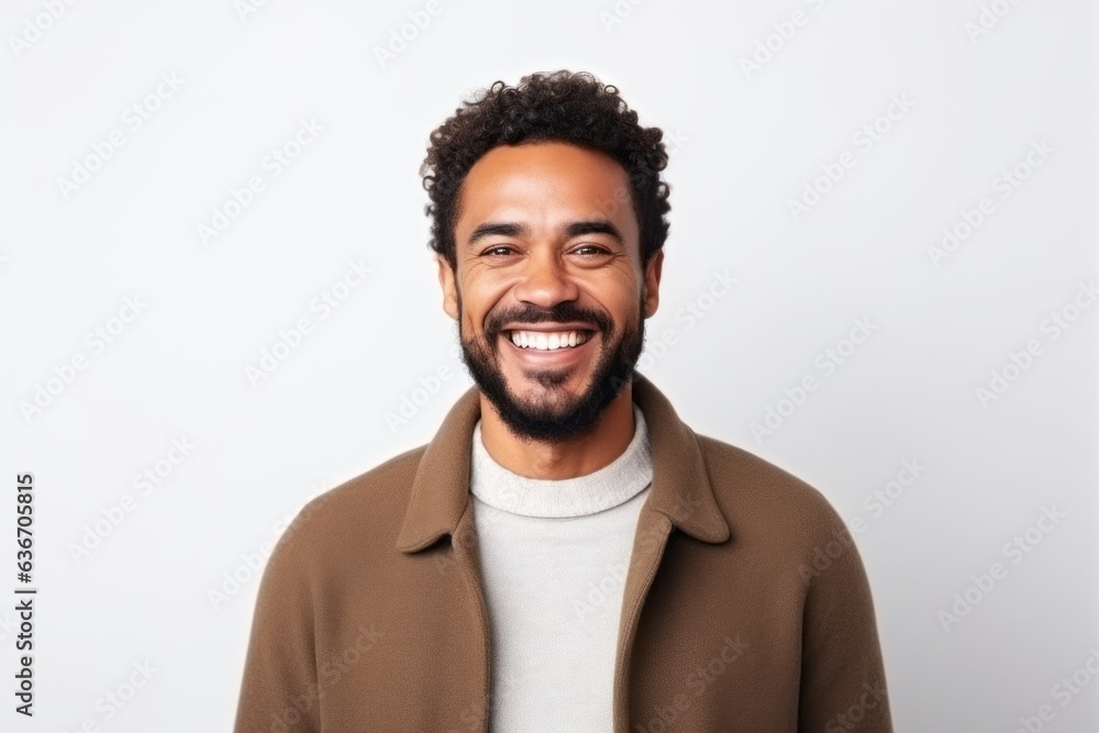 Medium shot portrait of a Brazilian man in his 30s in a white background wearing a chic cardigan
