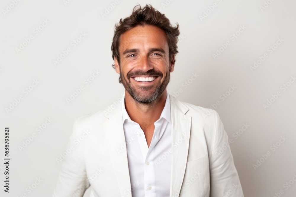 Medium shot portrait of a Brazilian man in his 30s in a white background wearing a chic cardigan Medium shot portrait of a Brazilian man in his 30s in a white background wearing a chic cardigan