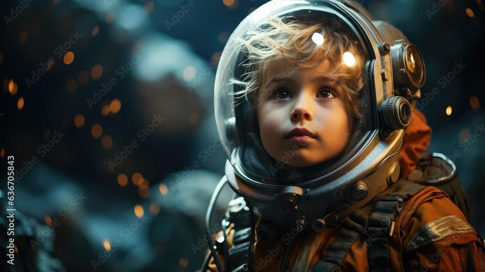 Cute little boy is dressed in astronaut suit and his eyes are full of curiosity. Cute little boy is dressed in astronaut suit and his eyes are full of curiosity.