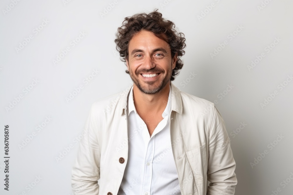 Obraz premium Portrait of a handsome man with curly hair smiling at camera.