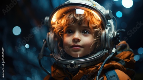 Cute little boy is dressed in astronaut suit and his eyes are full of curiosity.