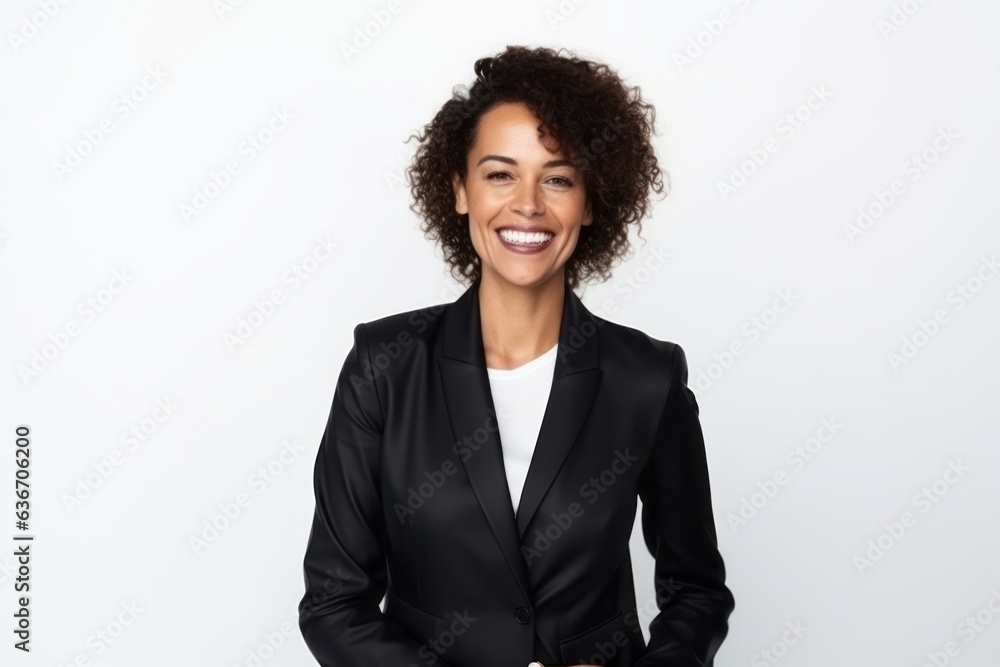 Medium shot portrait of a Brazilian woman in her 40s in a white background wearing a sleek suit Medium shot portrait of a Brazilian woman in her 40s in a white background wearing a sleek suit