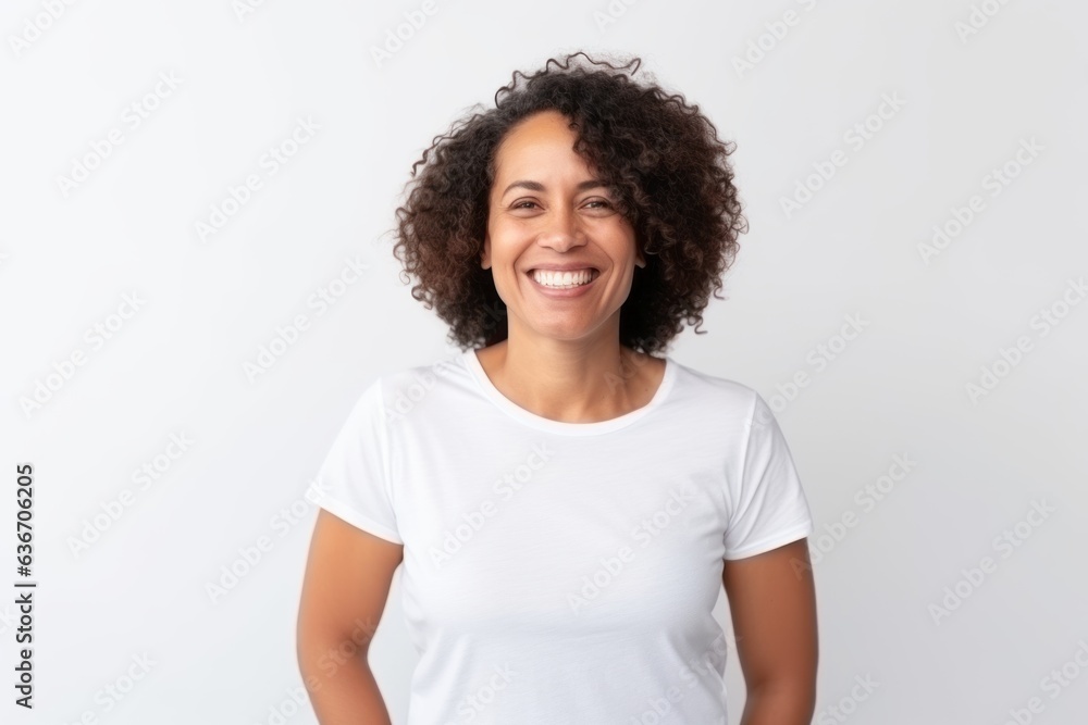 Medium shot portrait of a Brazilian woman in her 40s in a white background wearing a casual t-shirt Medium shot portrait of a Brazilian woman in her 40s in a white background wearing a casual t-shirt