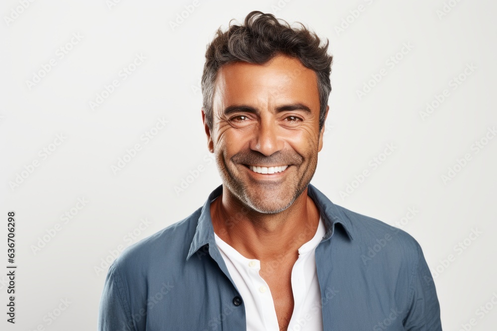 Medium shot portrait of a Brazilian man in his 40s in a white background wearing a chic cardigan Medium shot portrait of a Brazilian man in his 40s in a white background wearing a chic cardigan
