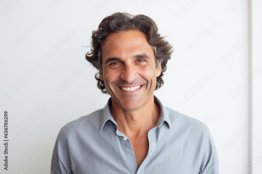 Fototapeta premium Medium shot portrait of a Brazilian man in his 40s in a white background wearing a chic cardigan