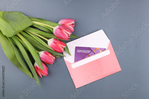  Bouquet of pink tulips. Mothers day, Valentines Day, Birthday celebration concept. Greeting card. Copy space for text, top view