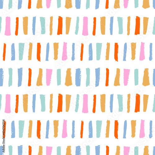 Multi colored vertical bold brush strokes seamless pattern. Hand drawn colorful abstract geometric decorative background. Vertical black wide brush strokes and vector thick stripes in a row.