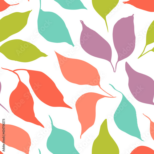 Colorful leaves silhouettes seamless pattern. Multi colored botanical ornament with simple doodle branches. Hand drawn foliage silhouette texture. Doodle drawing plants. Leaves seamless pattern.