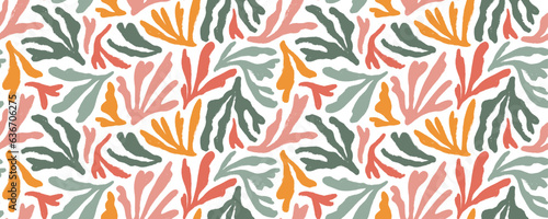 Matisse abstract seamless pattern with multi colored corals. Brush drawn botanical plant shapes. Vector abstract contemporary leaves. Modern banner with colorful thick organic corals in Matisse style.