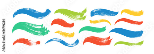 Collection multi colored wavy bold brush strokes. Vector calligraphy smears, hand drawn curved thick lines and banners. Modern grunge wavy brushstrokes. Colorful textured shapes isolated on white.