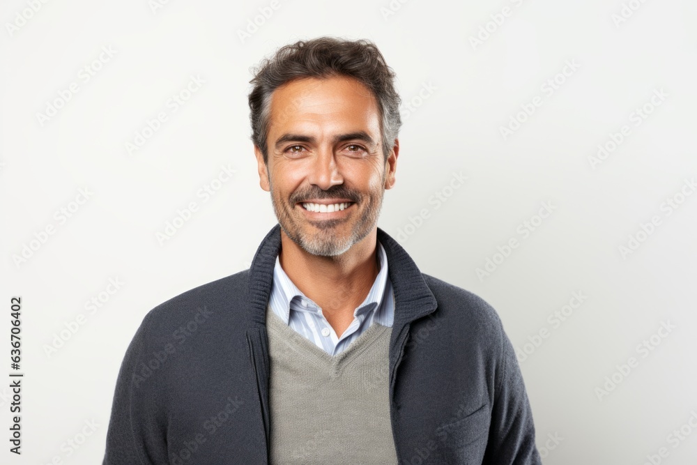 Lifestyle portrait of a Brazilian man in his 40s in a white background wearing a chic cardigan Lifestyle portrait of a Brazilian man in his 40s in a white background wearing a chic cardigan