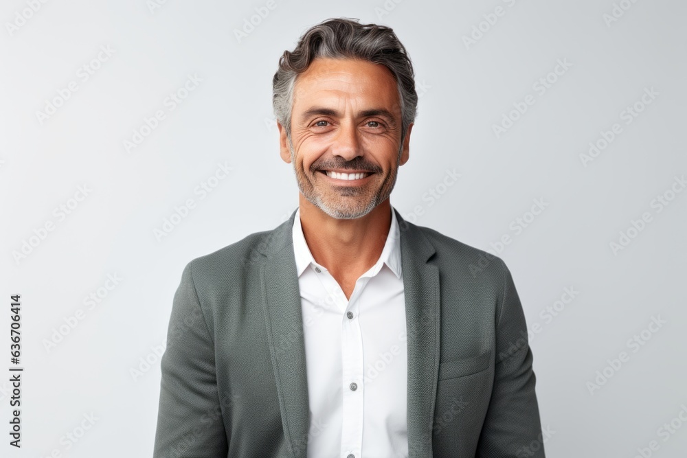 Lifestyle portrait of a Brazilian man in his 40s in a white background wearing a chic cardigan Lifestyle portrait of a Brazilian man in his 40s in a white background wearing a chic cardigan