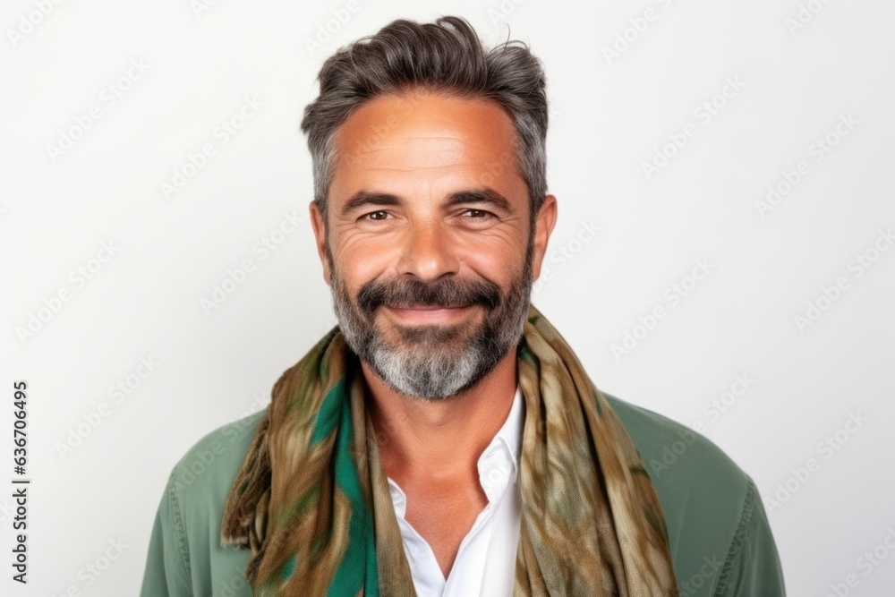 Medium shot portrait of a Brazilian man in his 40s in a white background wearing a foulard Medium shot portrait of a Brazilian man in his 40s in a white background wearing a foulard