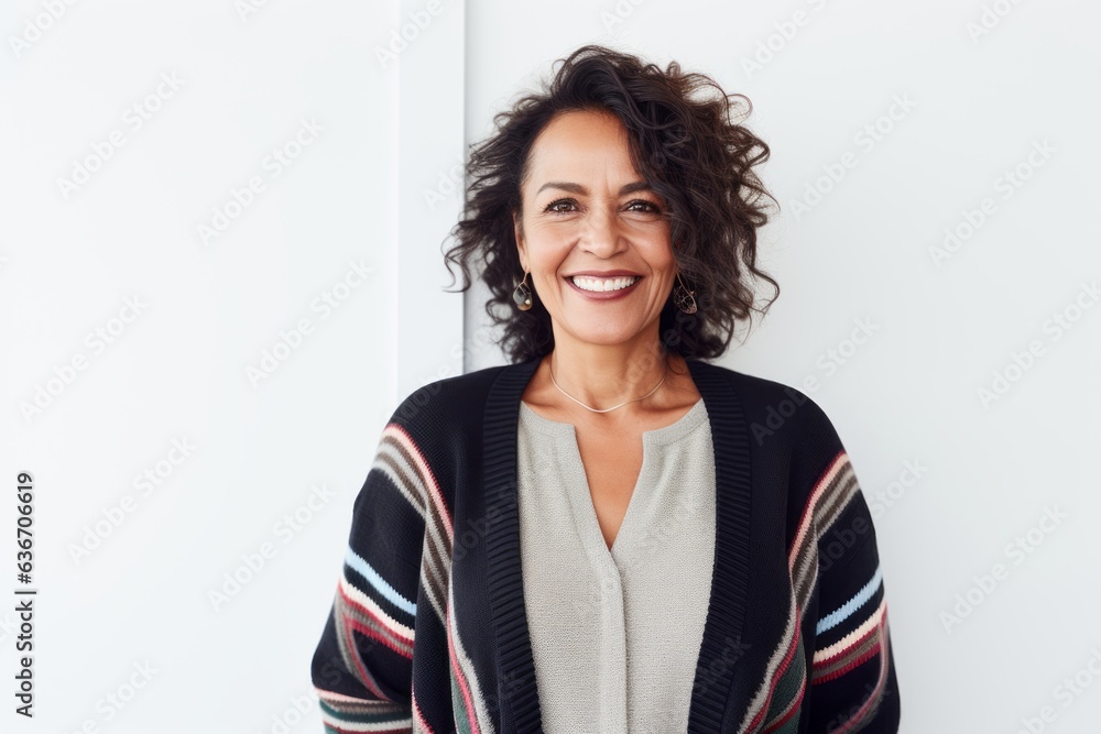 Lifestyle portrait of a Brazilian woman in her 50s in a white background wearing a chic cardigan Lifestyle portrait of a Brazilian woman in her 50s in a white background wearing a chic cardigan