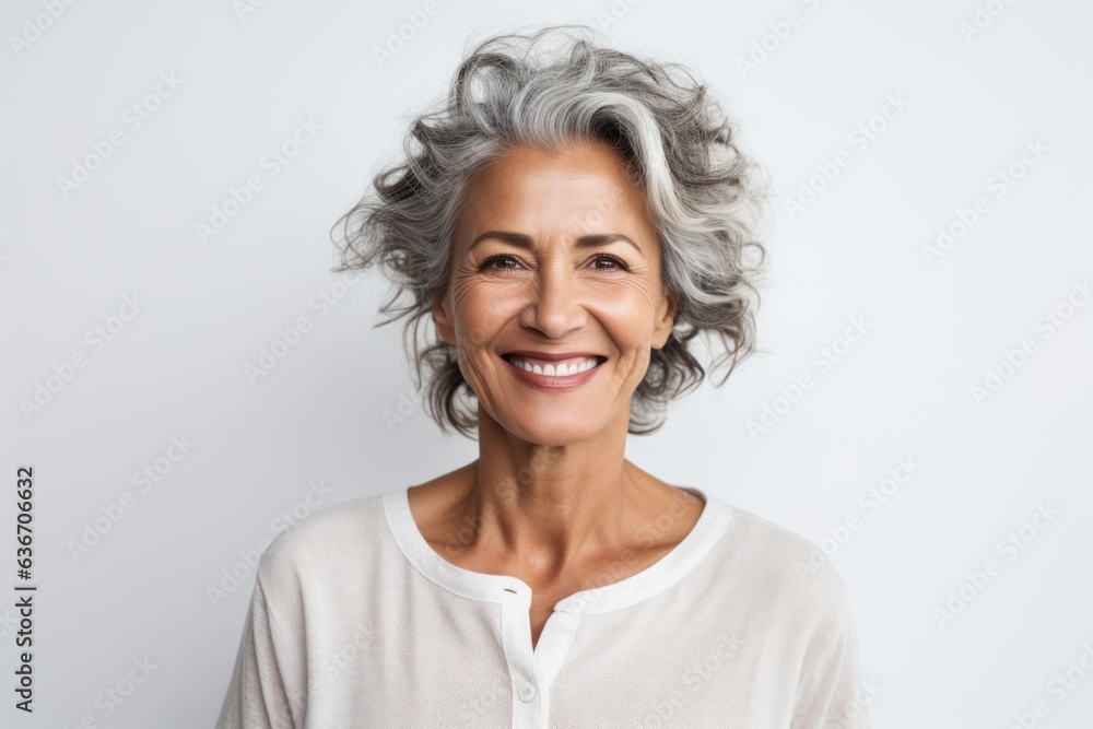 Lifestyle portrait of a Brazilian woman in her 50s in a white background wearing a chic cardigan Lifestyle portrait of a Brazilian woman in her 50s in a white background wearing a chic cardigan