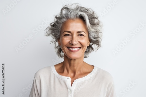 Lifestyle portrait of a Brazilian woman in her 50s in a white background wearing a chic cardigan