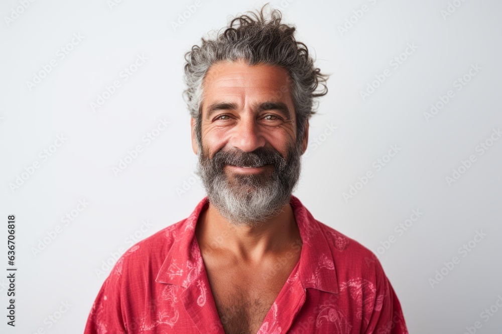 Medium shot portrait of a Brazilian man in his 50s in a white background wearing a snuggly pajama set Medium shot portrait of a Brazilian man in his 50s in a white background wearing a snuggly pajama set