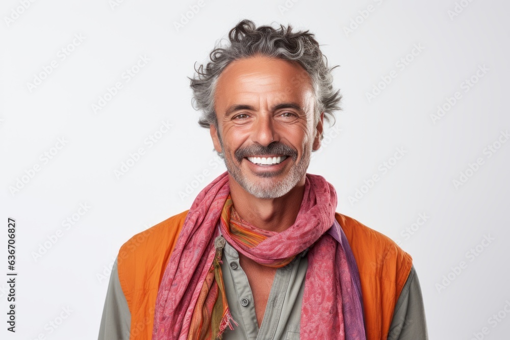 Group portrait of a Brazilian man in his 50s in a white background wearing a charming scarf Group portrait of a Brazilian man in his 50s in a white background wearing a charming scarf