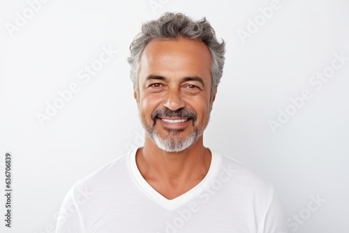 Handsome middle-aged man smiling and looking at camera while standing against white background