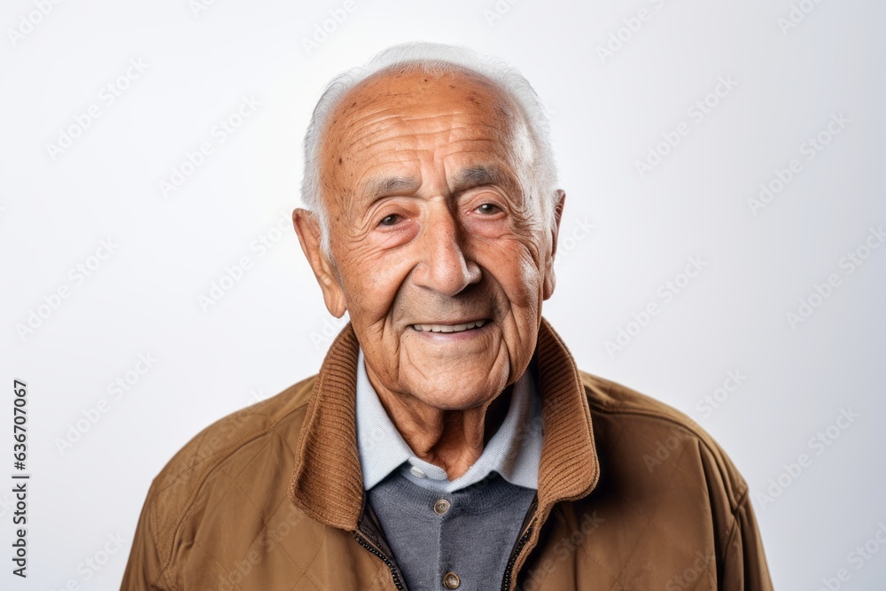 Close-up portrait of a Brazilian man in his 90s in a white background wearing a chic cardigan Close-up portrait of a Brazilian man in his 90s in a white background wearing a chic cardigan