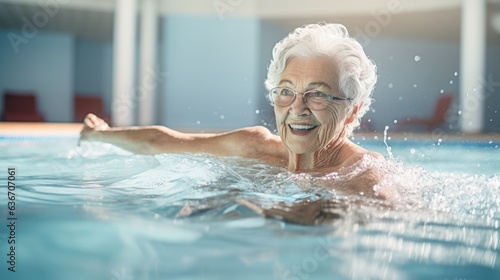 Gray haired elderly woman at swimming pool portrait. Happy senior healthy old woman enjoying active life outdoor. Healthy lifestyle. Active retirement concept. AI photography..