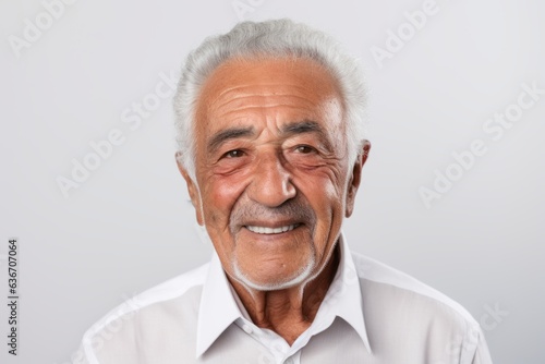 Close-up portrait of a Brazilian man in his 90s in a white background wearing a chic cardigan