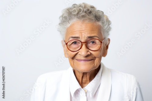 Lifestyle portrait of a 100-year-old elderly Brazilian woman in a white background wearing a classic blazer