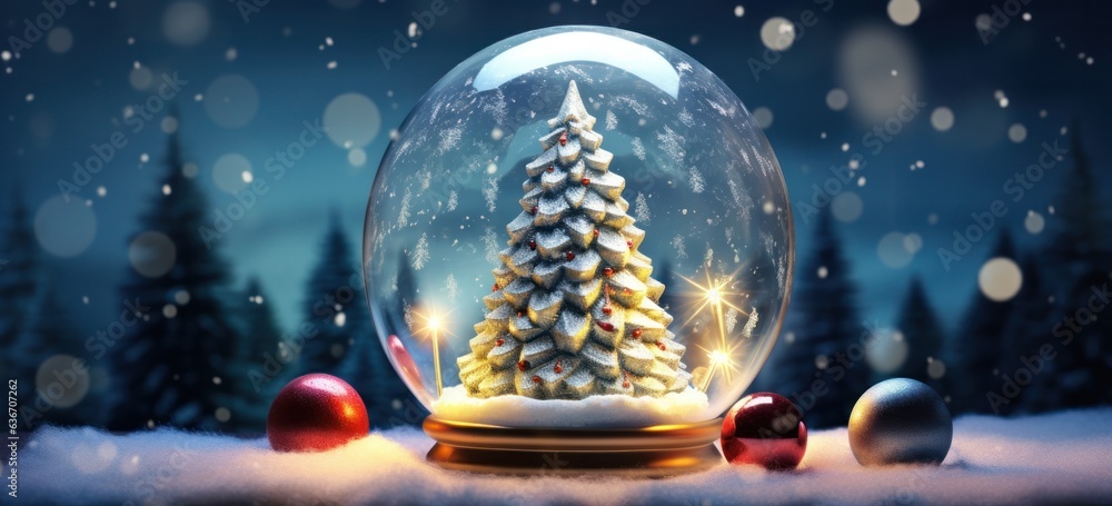 Illuminated snow globe with shining Christmas tree. Concept of festive joy. - obrazy, fototapety, plakaty 