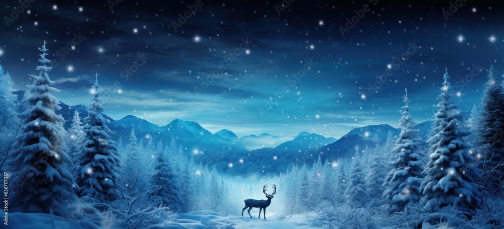Serene snow-covered fir trees with paper cut-out deer. Christmas banner under starlit sky. - obrazy, fototapety, plakaty 