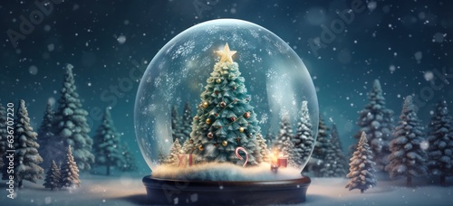 Tablou canvas Christmas magic in snow globe with shining tree