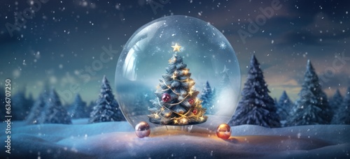 Christmas tree surrounded by snow in captivating snow globe. Concept of seasonal happiness.