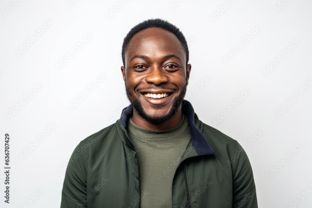 Medium shot portrait of a Nigerian man in his 30s in a white background wearing a chic cardigan Medium shot portrait of a Nigerian man in his 30s in a white background wearing a chic cardigan
