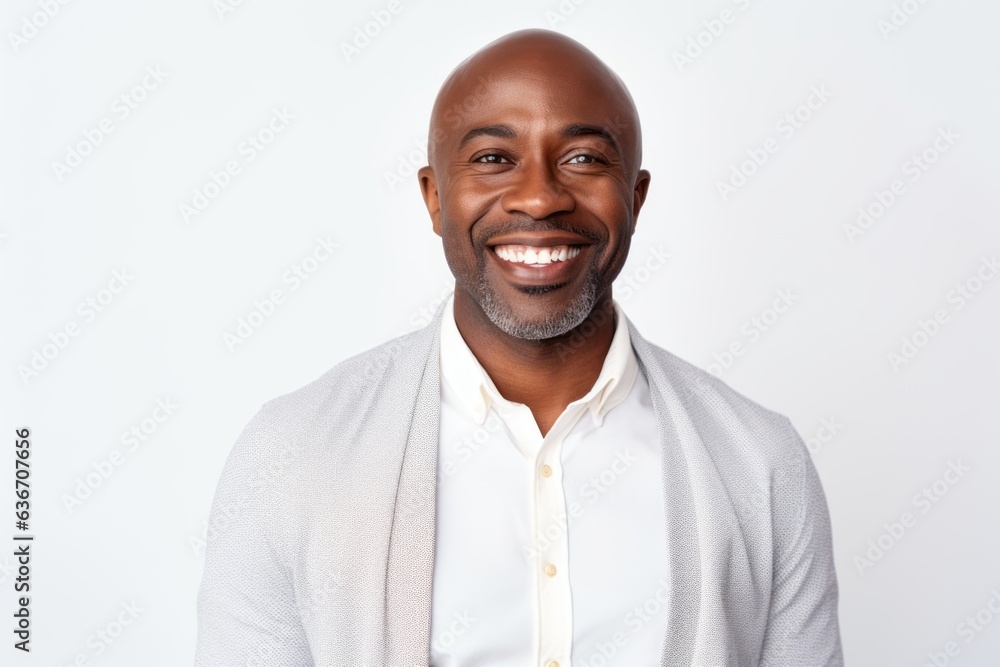 Medium shot portrait of a Nigerian man in his 40s in a white background wearing a chic cardigan Medium shot portrait of a Nigerian man in his 40s in a white background wearing a chic cardigan
