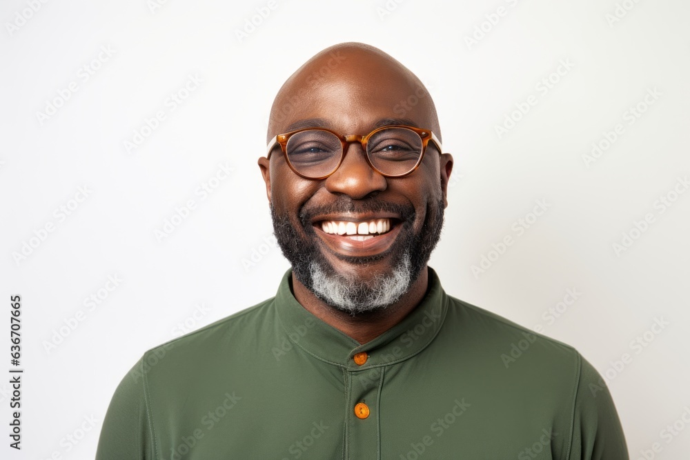 Medium shot portrait of a Nigerian man in his 40s in a white background wearing a chic cardigan Medium shot portrait of a Nigerian man in his 40s in a white background wearing a chic cardigan