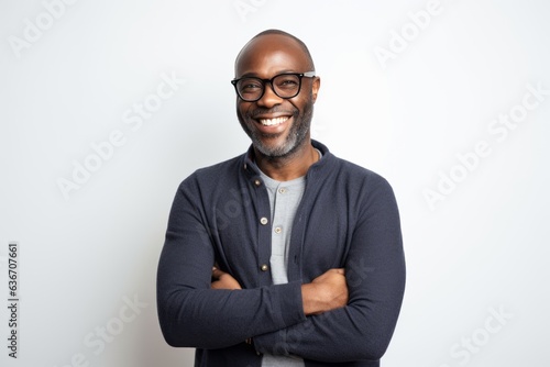 Medium shot portrait of a Nigerian man in his 40s in a white background wearing a chic cardigan
