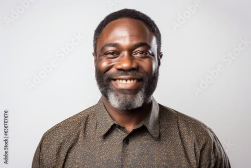 Medium shot portrait of a Nigerian man in his 40s in a white background wearing a chic cardigan