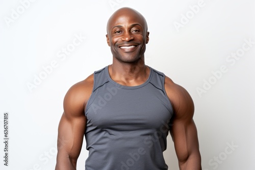 Medium shot portrait of a Nigerian man in his 40s in a white background wearing a sporty tank top