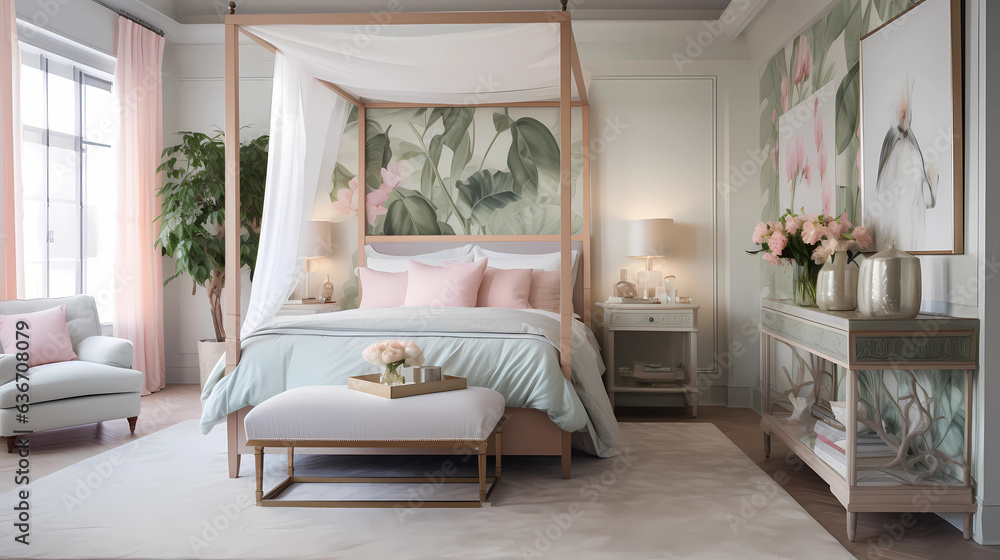 bedroom with soft pastel tones and vintage charm