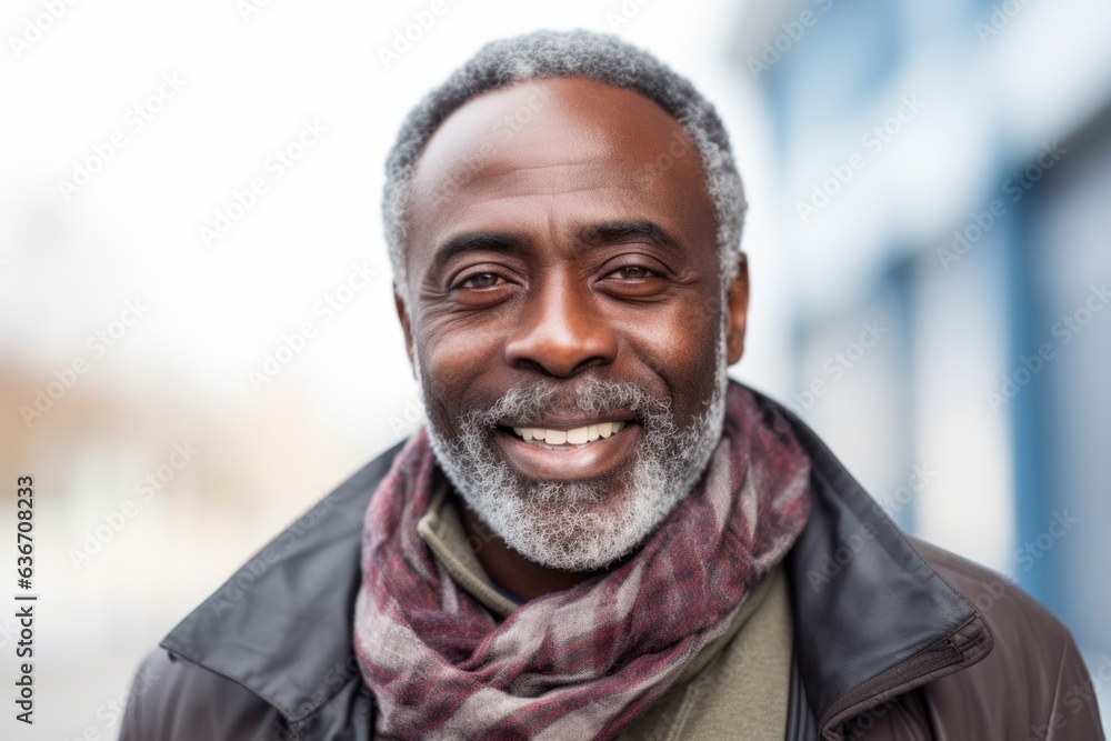 Lifestyle portrait of a Nigerian man in his 50s in a white background wearing a charming scarf