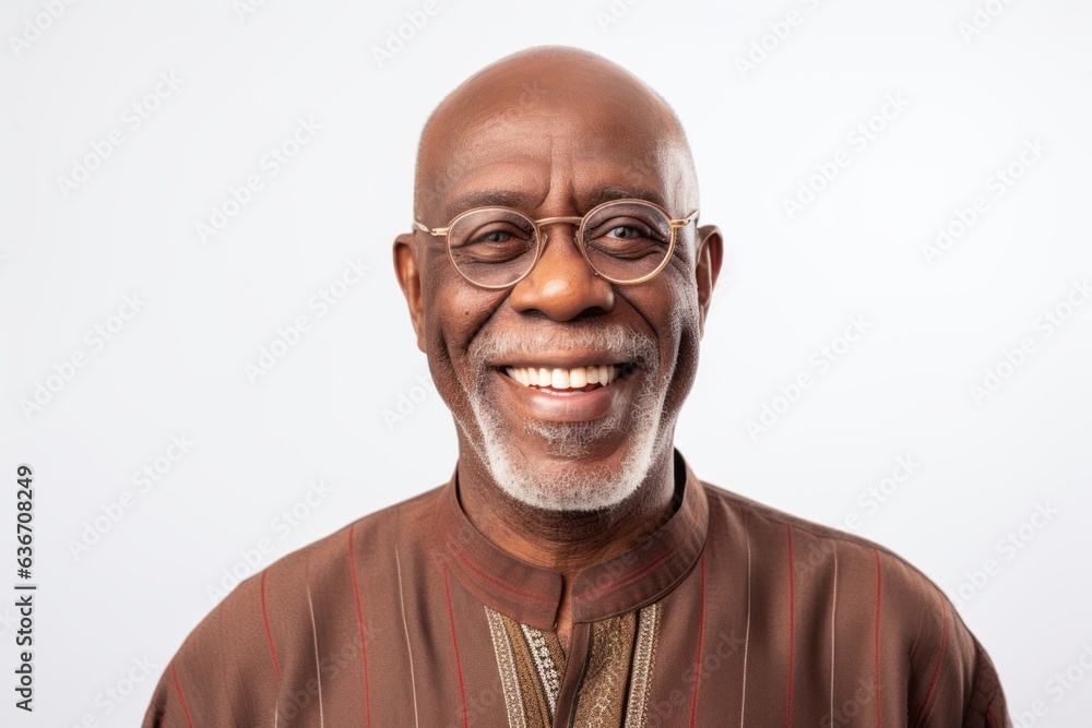 Medium shot portrait of a Nigerian man in his 60s in a white background wearing a chic cardigan Medium shot portrait of a Nigerian man in his 60s in a white background wearing a chic cardigan