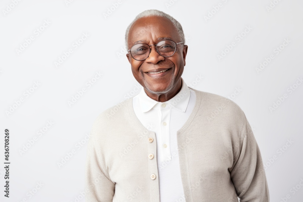 Lifestyle portrait of a Nigerian man in his 60s in a white background wearing a chic cardigan Lifestyle portrait of a Nigerian man in his 60s in a white background wearing a chic cardigan