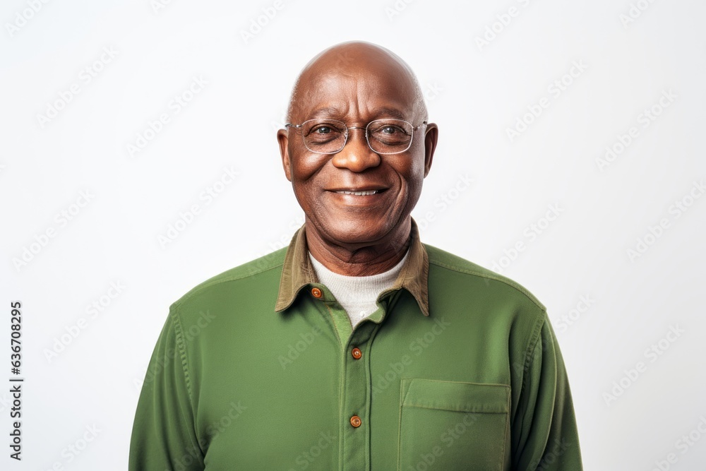 Lifestyle portrait of a Nigerian man in his 60s in a white background wearing a chic cardigan Lifestyle portrait of a Nigerian man in his 60s in a white background wearing a chic cardigan