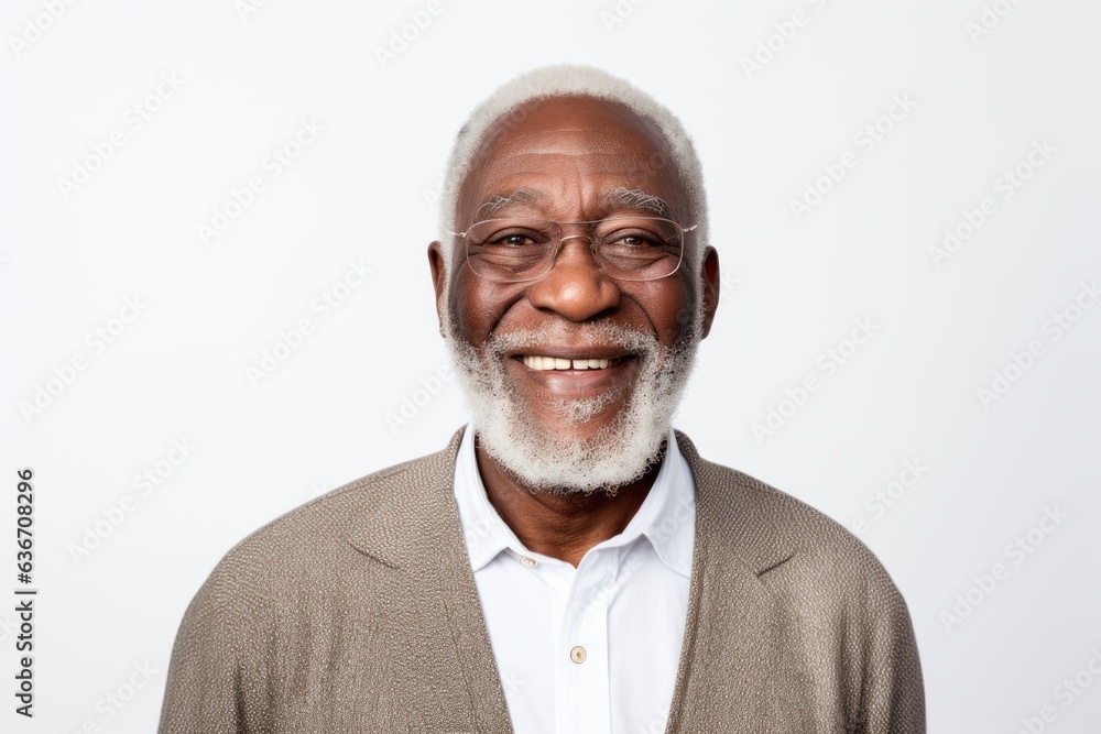 Medium shot portrait of a Nigerian man in his 70s in a white background wearing a chic cardigan Medium shot portrait of a Nigerian man in his 70s in a white background wearing a chic cardigan