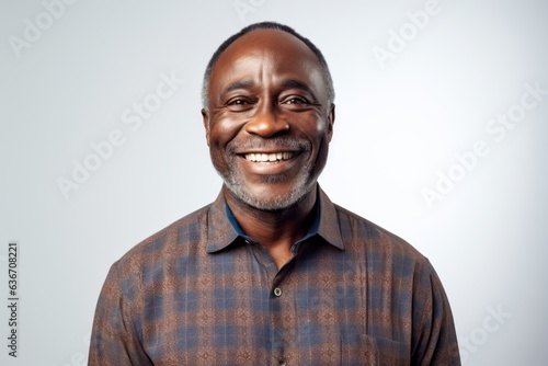 Lifestyle portrait of a Nigerian man in his 50s in a white background wearing a chic cardigan